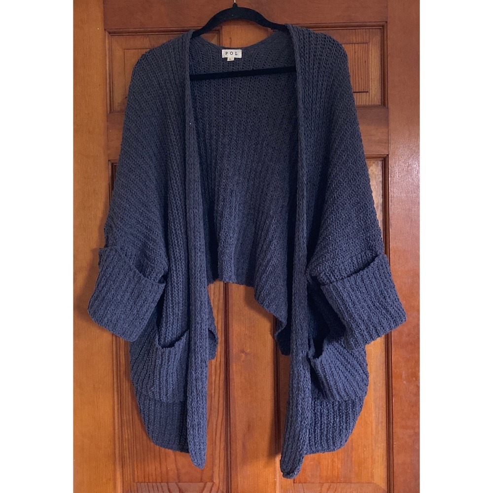 POL Womens L Gray Chenille Chunky Knit Cocoon Open Front Cardigan Textured Fall